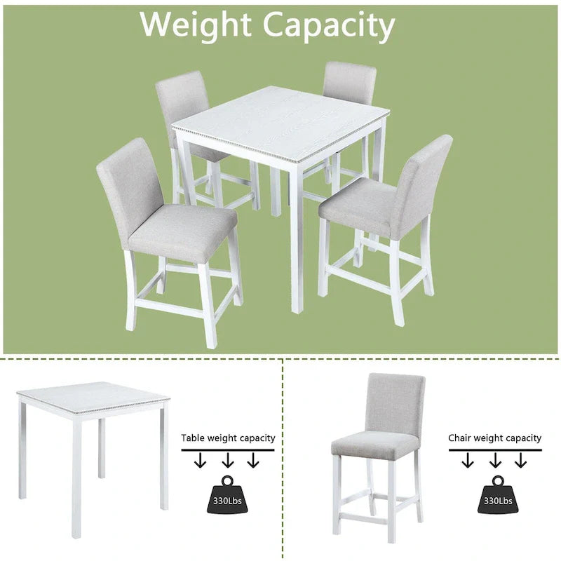 Set da pranzo moderno di 5 pezzi con tavolo quadrato ad altezza bancone e 4 sedie imbottite