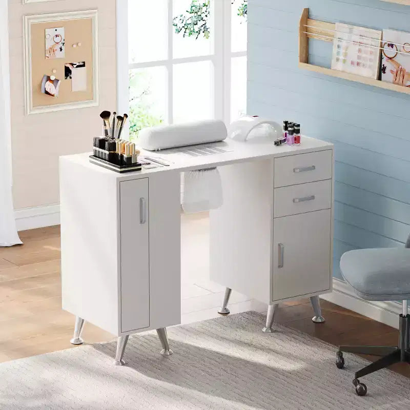 Tavolo manicure da 42'' per onicotecnica con raccoglitore di polvere e poggia polso, scrivania per unghie con armadietto verticale estraibile, 1 mobiletto portaoggetti, 2 cassetti