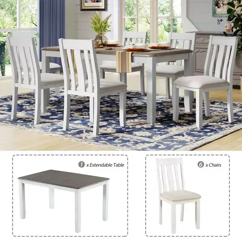 Set tavolo da pranzo allungabile da cascina per 6, tavolo rettangolare e 6 sedie imbottite