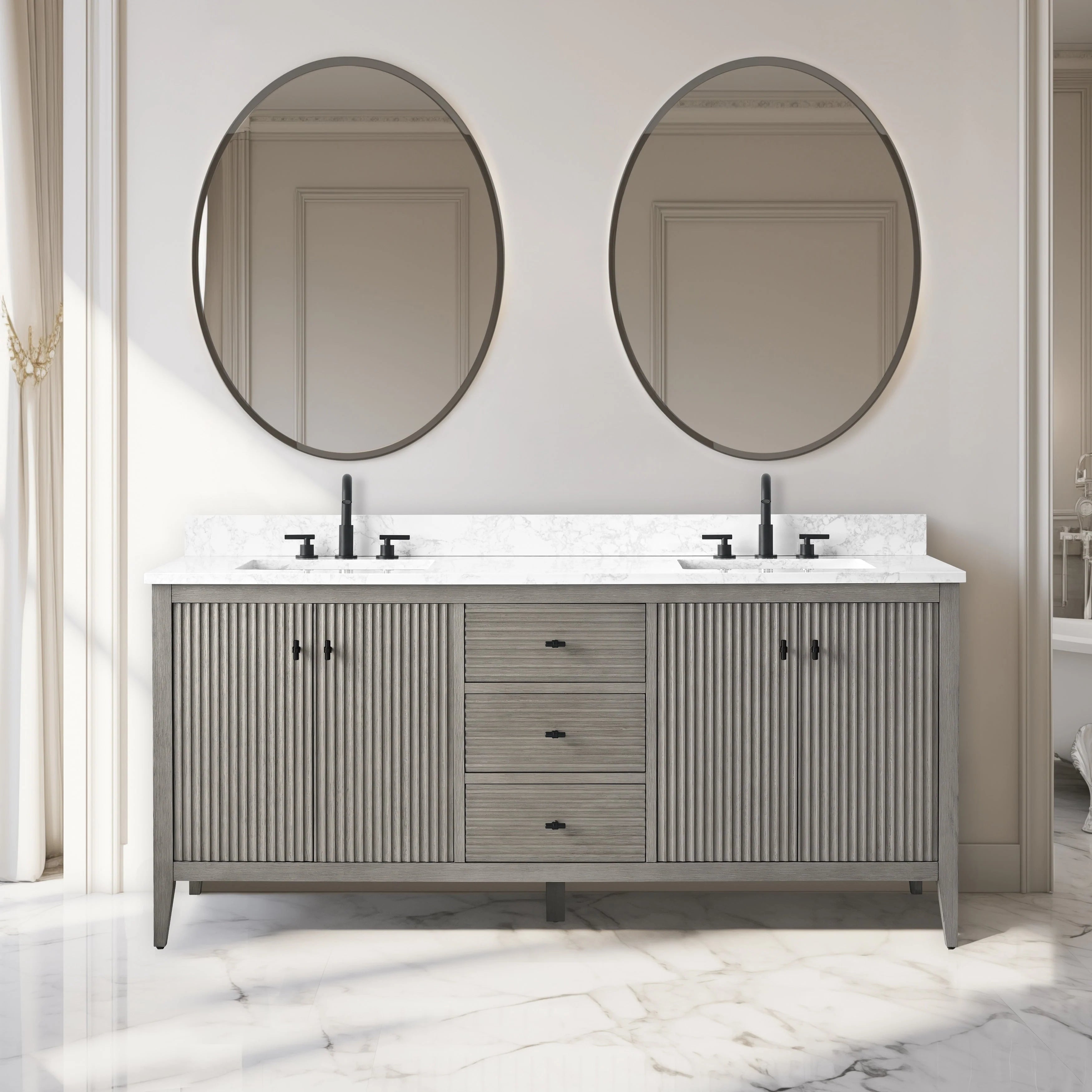 Meuble-lavabo de salle de bain Vanity Art 72 po à double vasque avec dessus en marbre reconstitué
