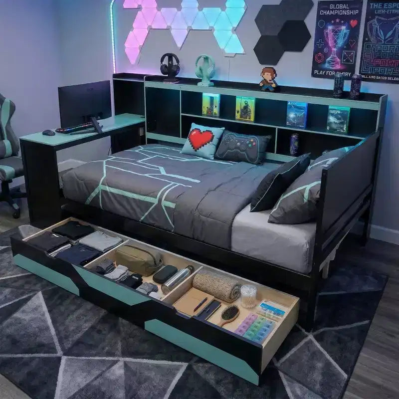 Letto a Giorno Gamer Hub con Scrivania, Luci RGB, Stazione di Ricarica, Cassetti e Testiera Libreria