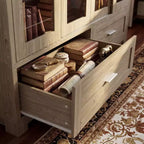 Libreria espositiva Famapy in rovere chiaro: 63W, ante scorrevoli in vetro + cassetto. Ampio organizer per biblioteche domestiche e soggiorni