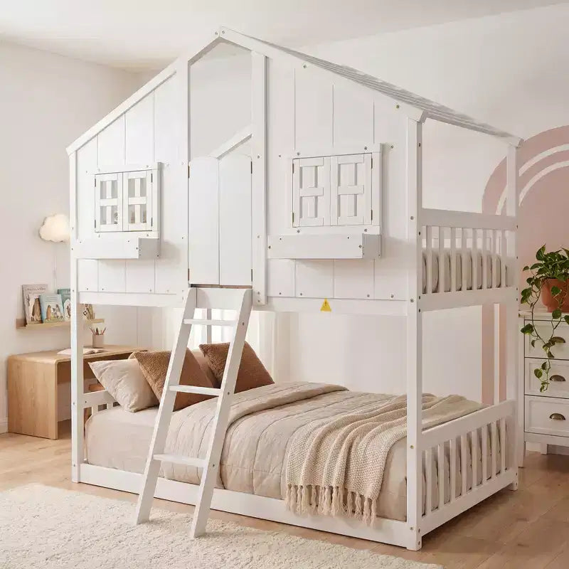 Letto a soppalco a forma di casetta con scaletta e spondine per bambini, in legno, misura singola
