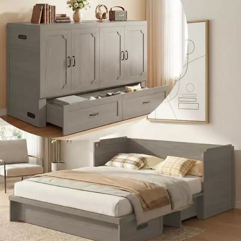 Mjkone Letto a Scomparsa Convertibile Matrimoniale Queen Size con Ricarica USB, Cassetti Contenitori, Materasso Escluso