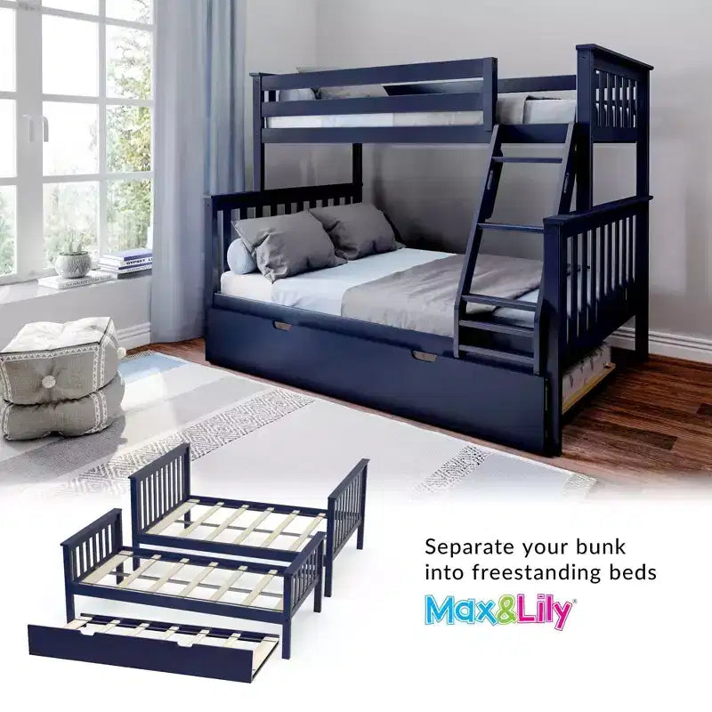 Letto a Castello in Legno Massello Max & Lily, una Piazza e Mezza con Letto Estraibile Contenitore e Scaletta per Bambini
