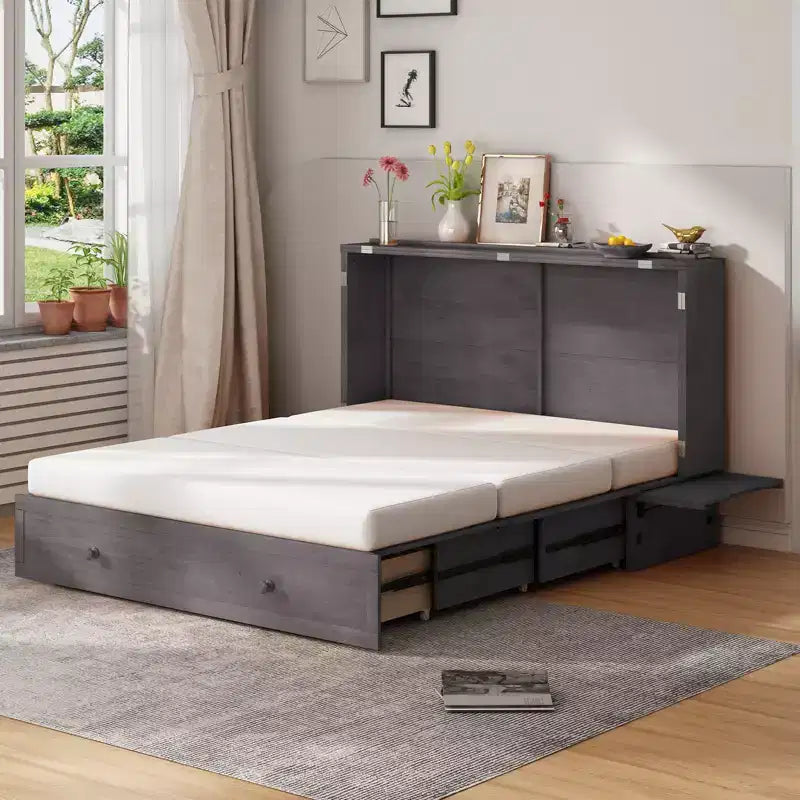 Mjkone Letto a Scomparsa Matrimoniale, Letto a Cassetti a Cubo con Stazione di Ricarica e Spazio Contenitore