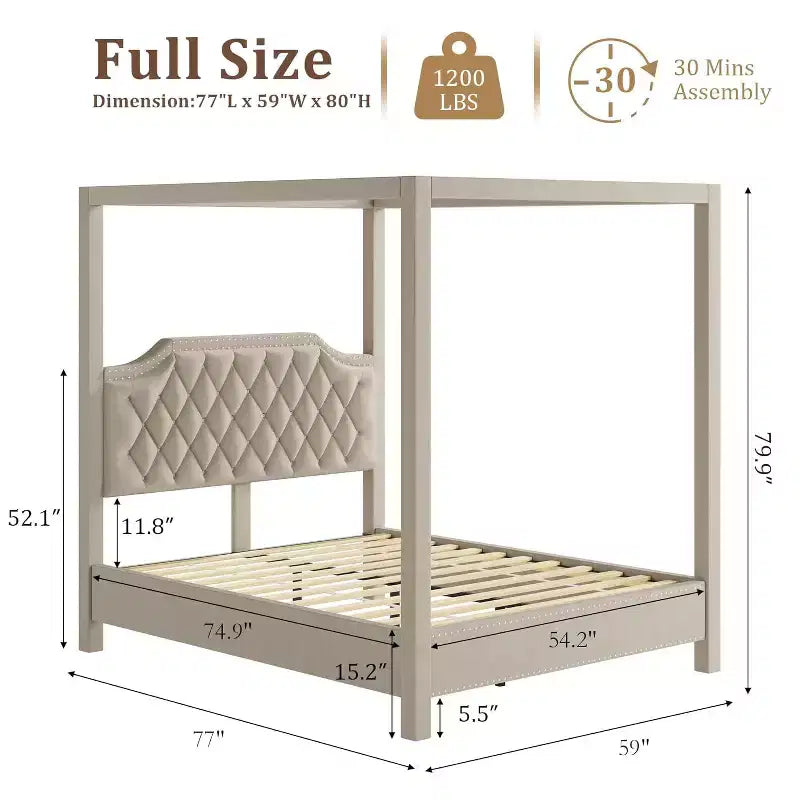 Struttura Letto a Baldacchino Queen Size con Pali a 4 Montanti, Supporto a Doghe in Legno Massello, Nessuna Rete a Molle Necessaria, Silenzioso