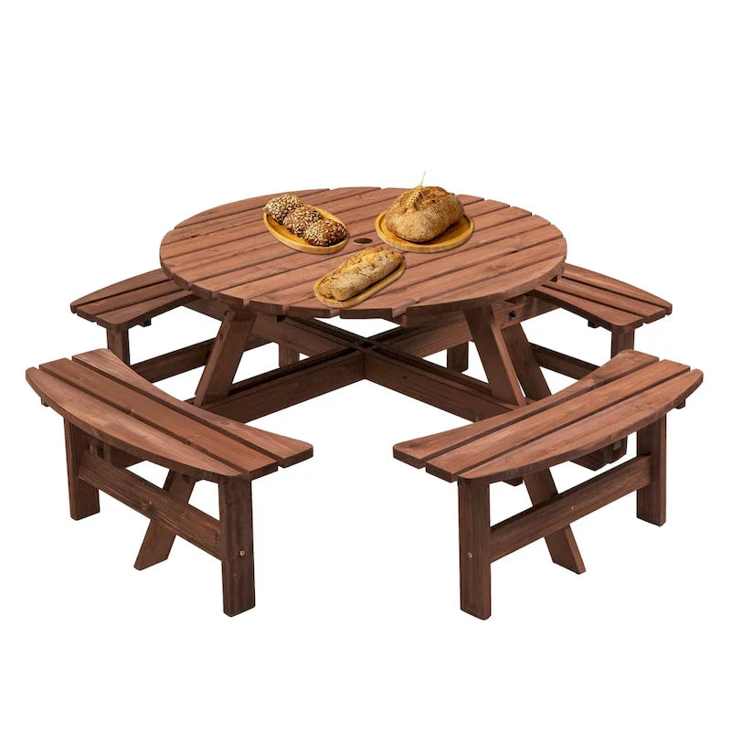Set da pranzo rotondo da picnic per 8 persone in legno di abete da esterno con 4 panche integrate e foro per ombrellone