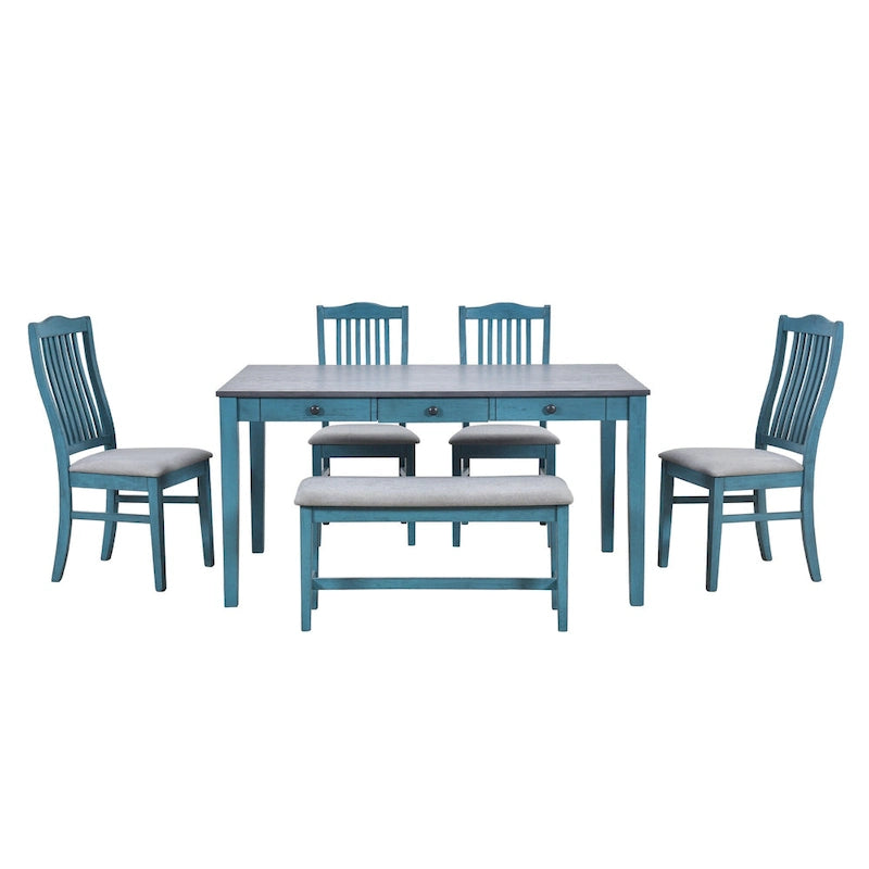 Set da pranzo di 6 pezzi in legno con 4 sedie e panca, tavolo con cassetto