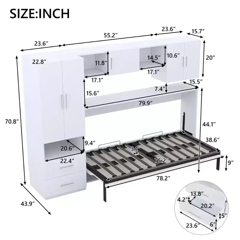 Letto a scomparsa matrimoniale, Struttura letto a parete in legno con armadio integrato, cassetti e ripiani aperti, bianco - ModernLuxe
