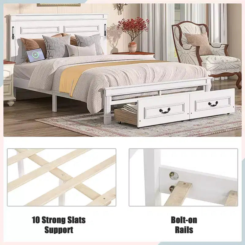 ModernLuxe Letto a Piattaforma Queen/King Size con Testiera Alta, Struttura Letto Rustica in Legno con 2 Cassetti, Luci LED e Porte USB
