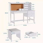 Set scrivania e sedia per bambini, tavolo da studio in legno con piano inclinabile regolabile, cassetti e bacheca in sughero - Set scrivania per lo studio dei bambini