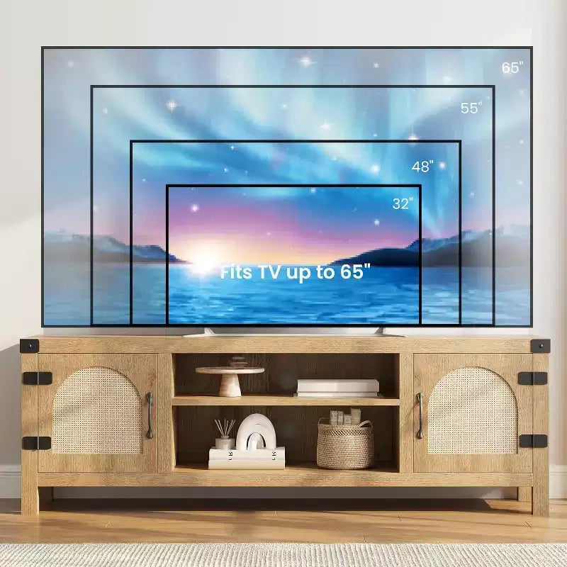 Mobile porta TV da 65 pollici in stile bohémien con anta in vimini - Mobile da salotto in legno con due armadietti e ripiani regolabili, adatto per soggiorni