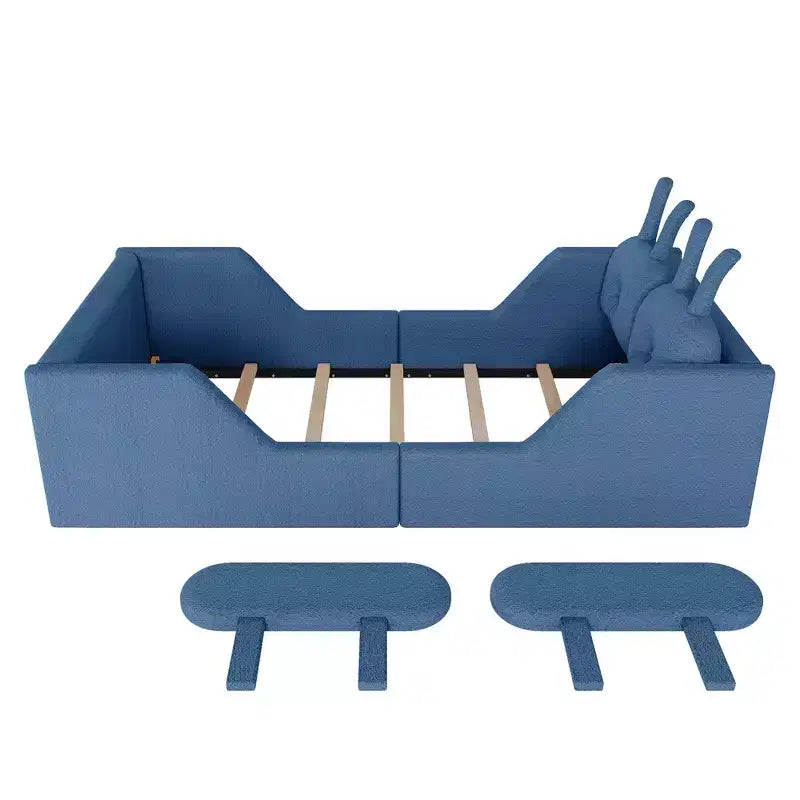 Whisen Twin - Letto a piattaforma, Letto imbottito da pavimento per bambini con cuscino a coniglio, Sponde laterali rimovibili