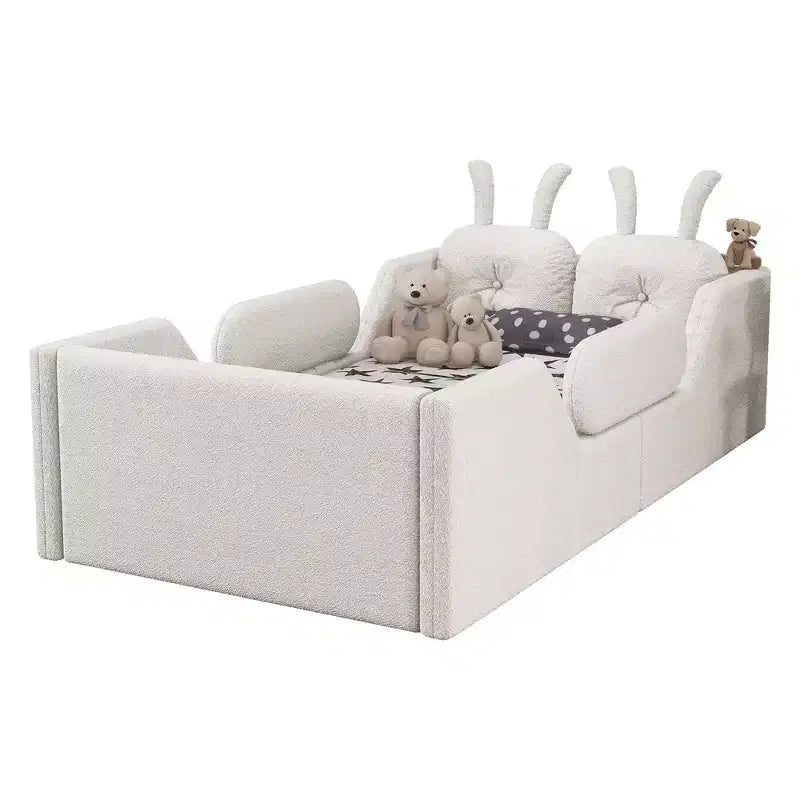Whisen Twin - Letto a piattaforma, Letto imbottito da pavimento per bambini con cuscino a coniglio, Sponde laterali rimovibili