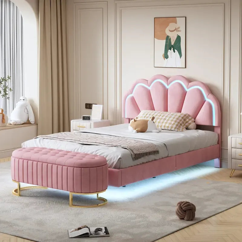 Comodino a 2 Pezzi Letto a Piattaforma Matrimoniale a LED con Pouf Contenitore