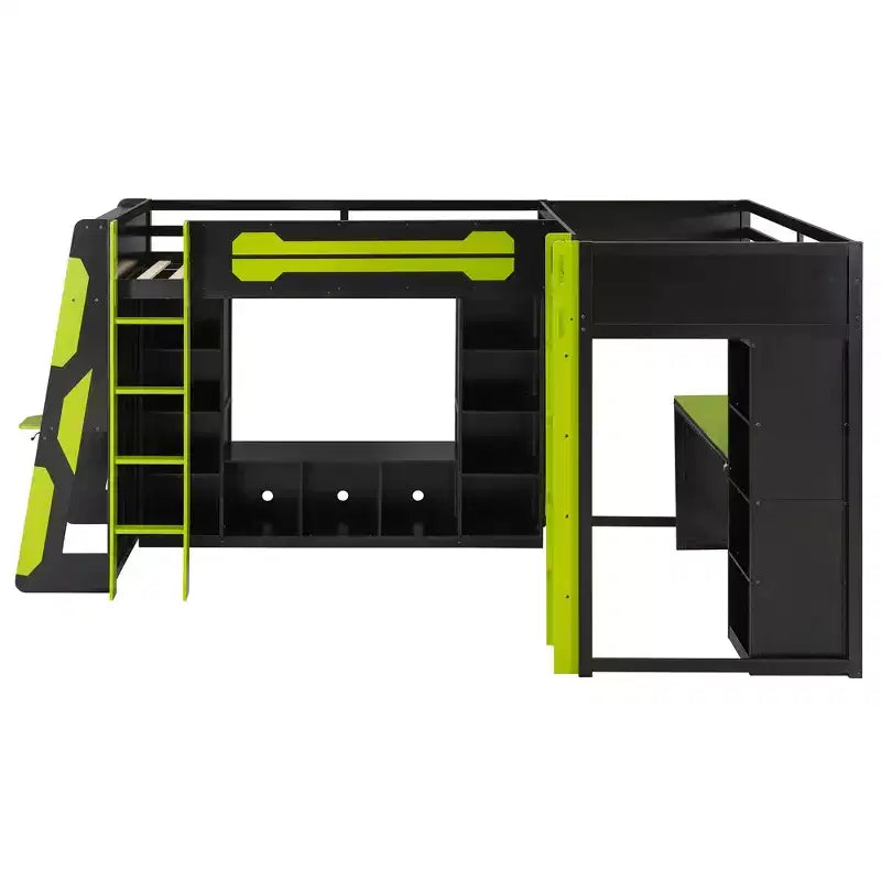 Letto a soppalco a L da gaming con scrivanie, letti a soppalco doppi con luci LED, porte USB, scaffali portaoggetti, letto a soppalco ad angolo in legno per 2
