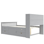 Letto a piattaforma Twin/Full Size Captain con 4 cassetti e mensole portaoggetti, struttura letto in legno massello con testiera libreria contenitore