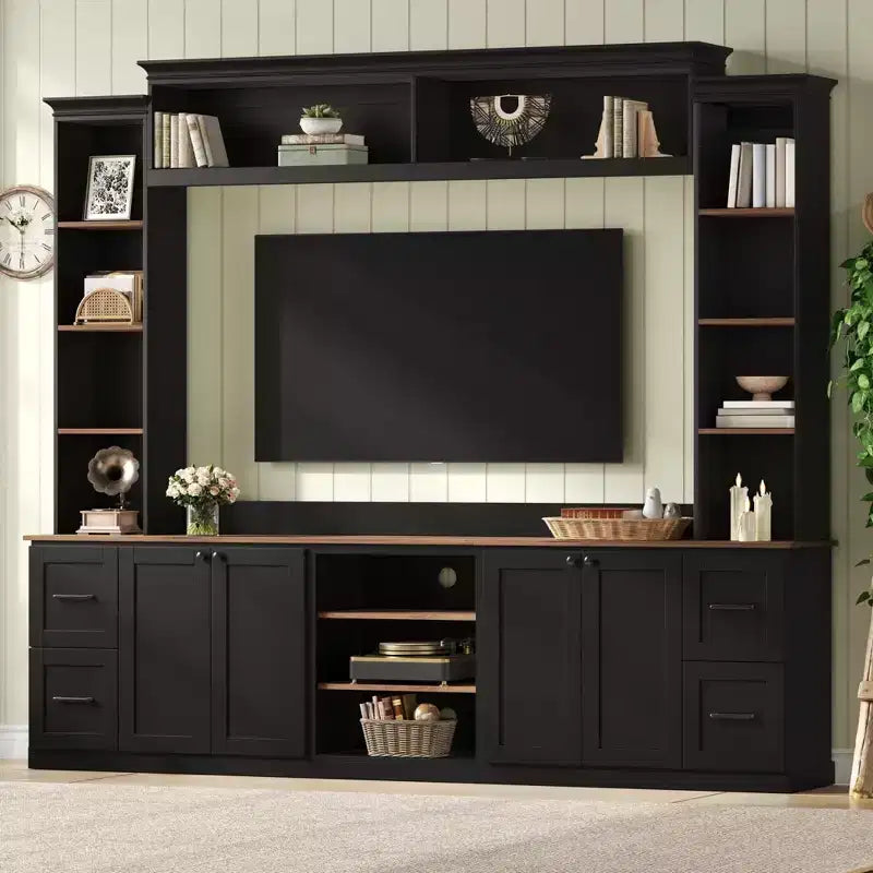 ModernLuxe Mobile TV da Parete 4 in 1 per Stile Rustico, Adatto a TV Fino a 70 Pollici, Consolle Multimediale con Ripiani Regolabili e Cassetti