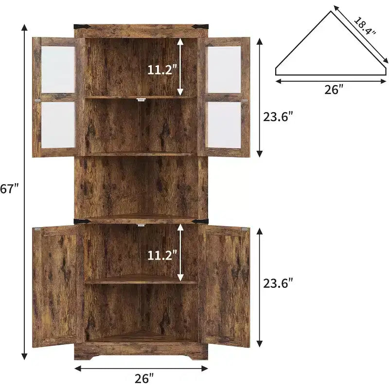 Mobile angolare alto da 69", mobile angolare da dispensa in stile rustico, salvaspazio, anta in vetro, ripiani regolabili, per soggiorno, cucina