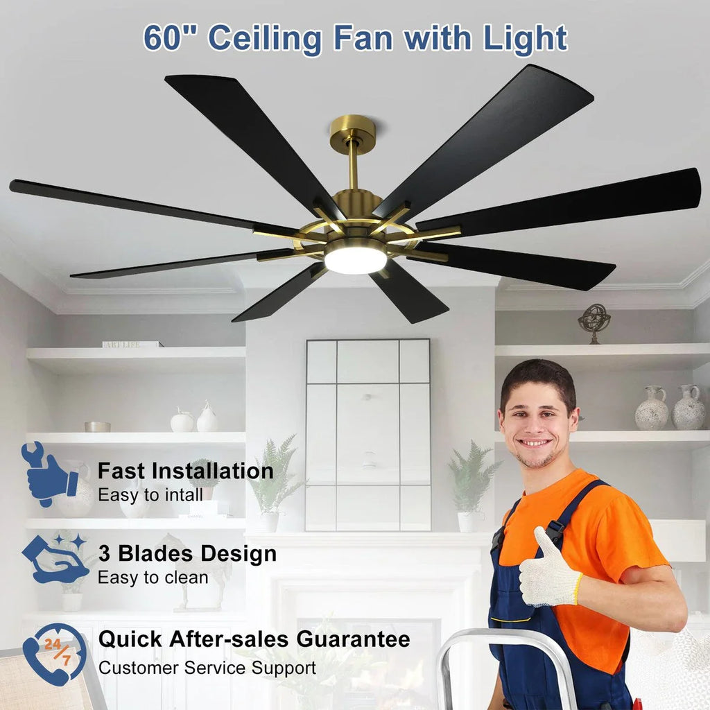 Ventilatore da soffitto con luci telecomandato e 8 grandi pale in legno