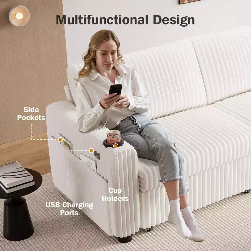 Divano Letto Sezionale Dyonery 91 con Letto Estraibile, Schienale Reclinabile/Due Letti Estraibili/Porte USB/Portabicchieri, Velluto a Coste Peluche