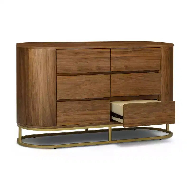 Comò moderno a 6 cassetti con design a bordo vivo, base in metallo e costruzione durevole in legno misto