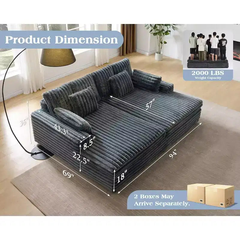 AMERLIFE 93 Divano a due posti con chaise longue doppia, Divano profondo "Cloud" con cuscini lombari e braccioli larghi, Facile da montare, Pelliccia sintetica