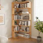 Libreria verticale angolare in legno con schienale aperto e finitura naturale