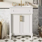 Mobiletto da bagno 61 cm con lavabo in ceramica, mobile stile shaker, 2 ante con chiusura ammortizzata, struttura in legno massello per bagno piccolo o bagno di servizio