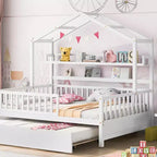 Acekool Letto a capanna a grandezza naturale con letto estraibile singolo, cassetti e ripiani portaoggetti, tetto e recinzione, letto a piattaforma per bambini, bianco