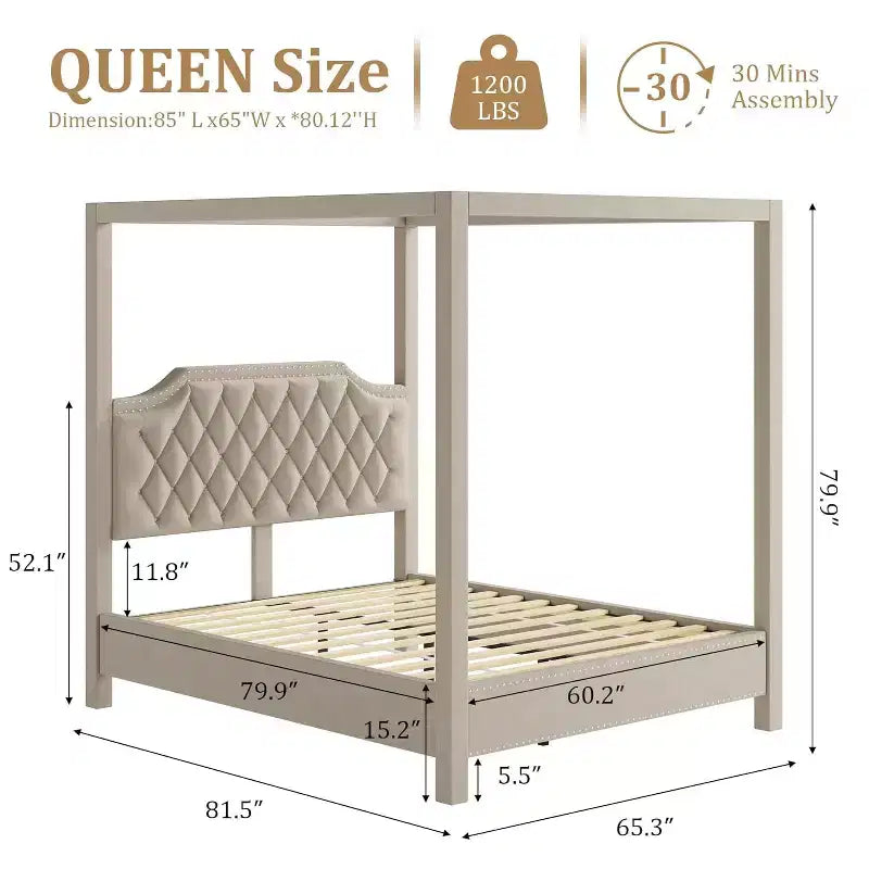 Struttura Letto a Baldacchino Queen Size con Pali a 4 Montanti, Supporto a Doghe in Legno Massello, Nessuna Rete a Molle Necessaria, Silenzioso