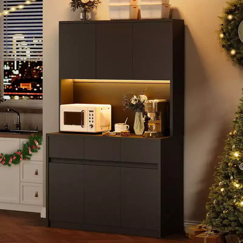 Mobile dispensa da cucina da 71 pollici, mobile dispensa con luci a LED e prese di corrente, mobile buffet con supporto per microonde, ripiani regolabili