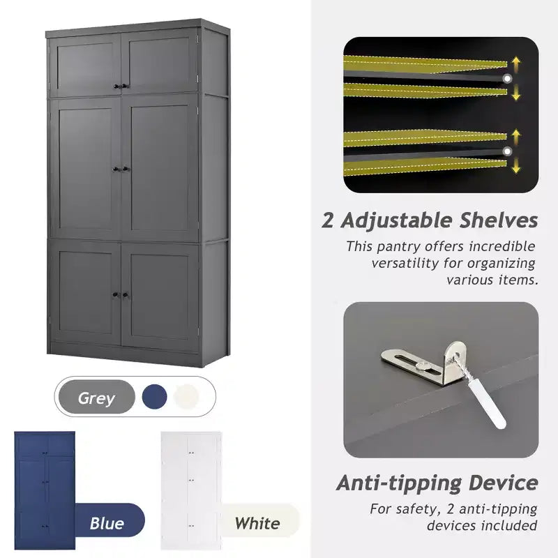 Dispensa Alta da Cucina con Prese di Corrente, Grande Credenza Autoportante con Supporto per Microonde, Cassetti, Scaffali, Portabottiglie e Ante con Ripiani