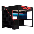 Letto a soppalco da gioco completo con scrivania e luci LED, letto a soppalco alto in legno a una piazza e mezza con scala e scala portaoggetti e USB, rosso+nero