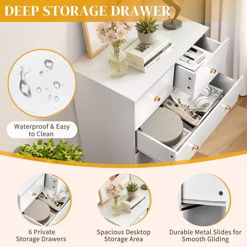 Karl Home Cassettiera Grande a 6 Cassetti per Camera da Letto e Comodino con Robusta Struttura Organizzatore Contenitore in Legno per Armadio, Bianco