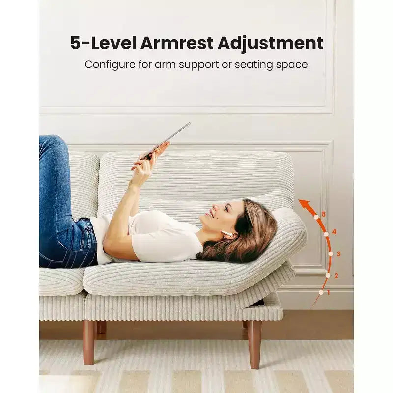 Divano letto in velluto a coste da 168 cm con schienale e braccioli regolabili, adatto a piccoli spazi, salotti o uffici come divano futon.