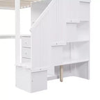 Letto a soppalco singolo con scrivania a L, 3 cassetti, armadio, contenitore per scale, struttura in pino massiccio/MDF