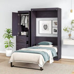 Letto Murphy pieghevole grigio con armadio e 3 cassetti, matrimoniale/singolo, 1 persona