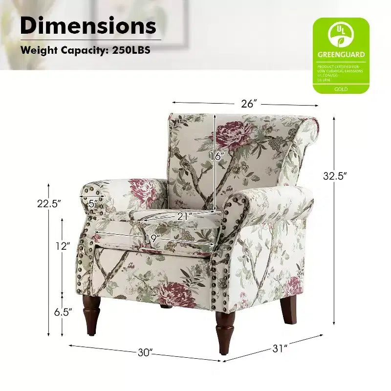 Poltrona Araceli Tradizionale in Legno Imbottita Floreale con Schienale Alto e Borchie | ART OF LIVING DESIGNS