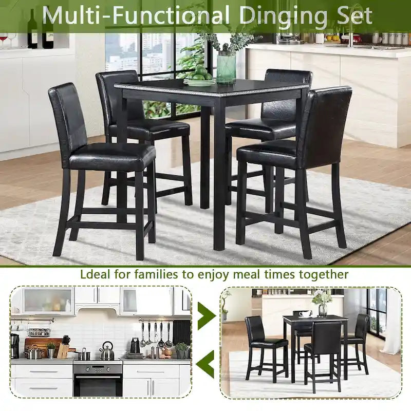 Set da pranzo moderno di 5 pezzi con tavolo quadrato ad altezza bancone e 4 sedie imbottite