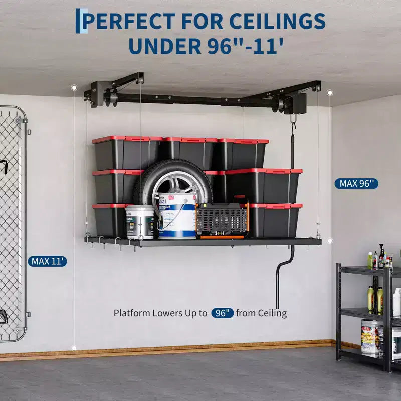 Scaffale pensile regolabile per garage per impieghi gravosi, montaggio a soffitto con blocco di sicurezza, capacità di 113 kg per contenitori, attrezzi, biciclette e garage