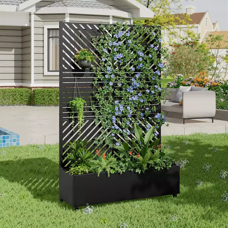 MAYEERTY Fioriera con traliccio in ferro nero Linea parallela 01 Stile combinato classico a persiana 183x119x41 cm Set da 3 pezzi
