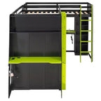 Letto a soppalco a L da gaming con scrivanie, letti a soppalco doppi con luci LED, porte USB, scaffali portaoggetti, letto a soppalco ad angolo in legno per 2