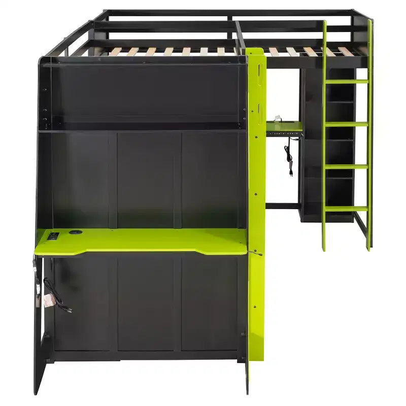 Letto a soppalco a L da gaming con scrivanie, letti a soppalco doppi con luci LED, porte USB, scaffali portaoggetti, letto a soppalco ad angolo in legno per 2