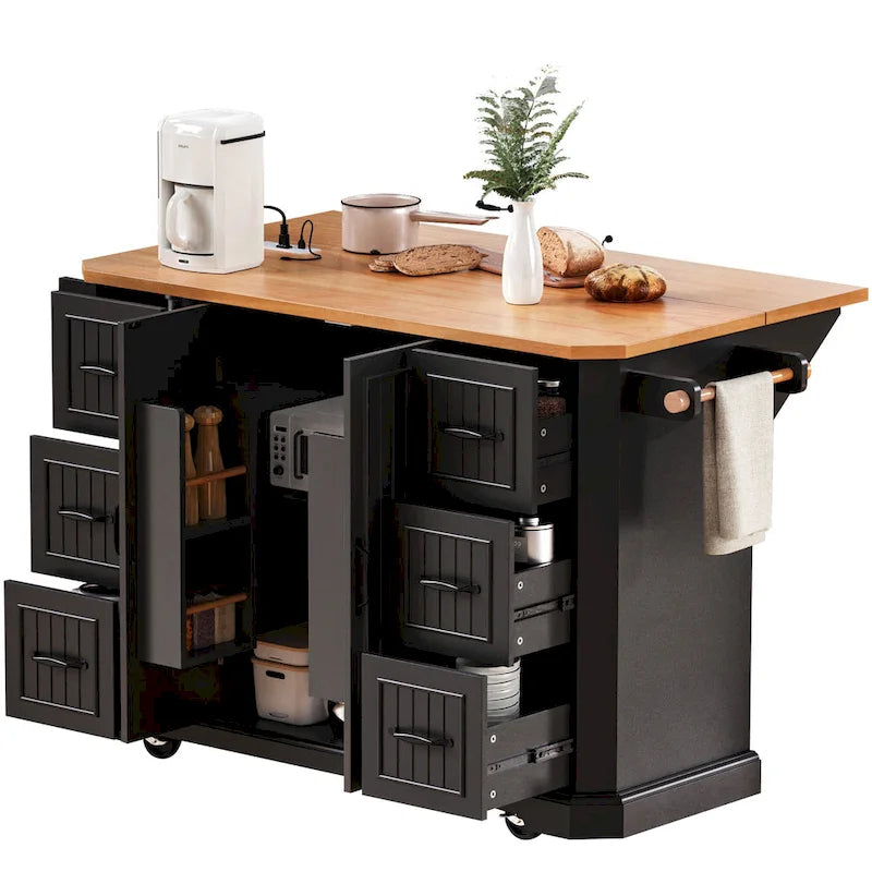 Isola Cucina Espandibile con Ante a Scomparsa, Carrello Cucina su 4 Ruote con Presa Elettrica, Tavolo Isola Mobile con 2 Ante e 6 Cassetti