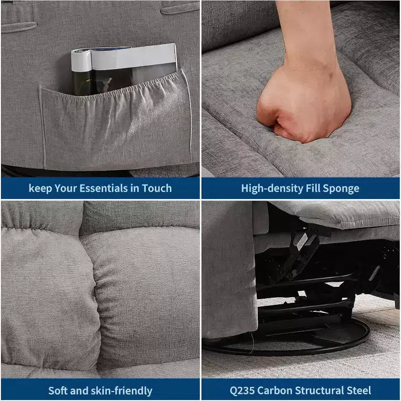 Poltrona Reclinabile Massaggiante con Calore - Girevole a 360°, Dondolo, Divano Singolo Oversize con Vibrazione, USB e Tasche Contenitore per Soggiorno/Camera da Letto
