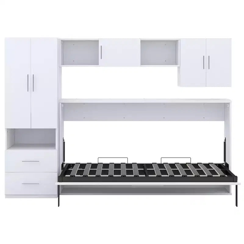 Letto a scomparsa matrimoniale, Struttura letto a parete in legno con armadio integrato, cassetti e ripiani aperti, bianco - ModernLuxe