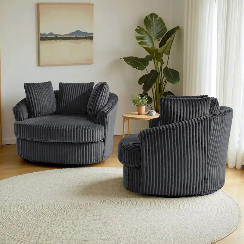 Set di 2 Poltrone Girevoli a Barilotto Oversize da 43" in Velluto a Coste Felpato con Cuscini