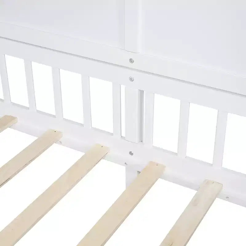 Letto a capanna per bambini con scaffali e sponde, Struttura letto in legno stile Montessori per bambini con finestra e striscia luminosa scintillante
